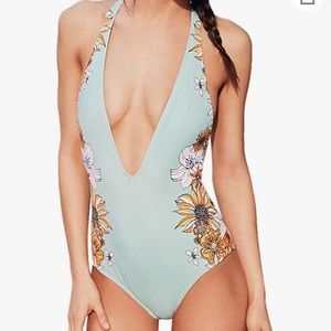 floral plunge one piece swimsuit with double strap back detailing blue floral